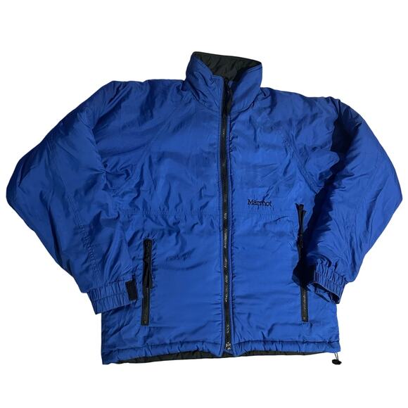 Marmot Puffer Jacket Blue Black Lined Men's Women's Full Zip Insulated Sz Small - Picture 1 of 11
